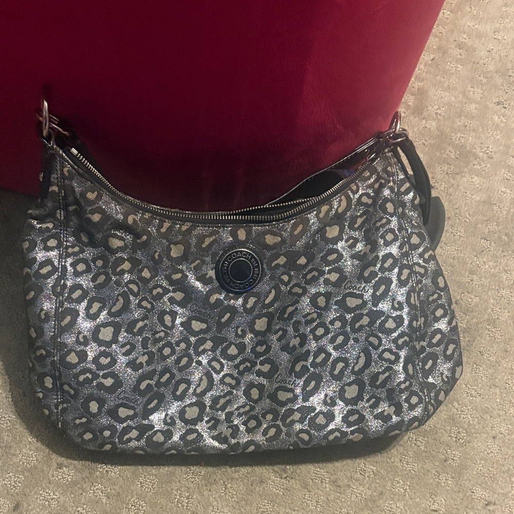 Coach Metallic Leopard Print Hobo Bag - Black and Silver